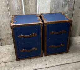 Pebble Blue Hand Dyed Tan Leather End Tables Bed Side Trunks Draws Bedroom Furniture - thumbnail 1