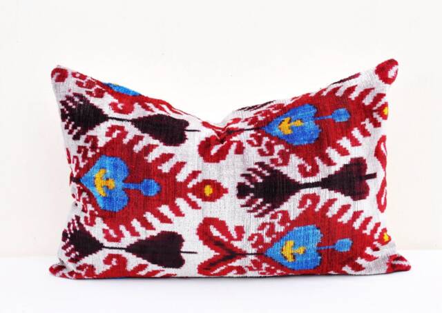 Handmade Silk Velvet Ikat Pillow Cover, Decorative Cushion - image 1