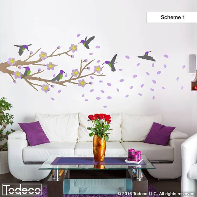 Cherry Blossom Branch Wall Decal Hummingbird Sticker - image 1