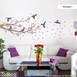 Cherry Blossom Branch Wall Decal Hummingbird Sticker - thumbnail 1