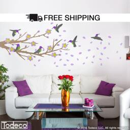 Cherry Blossom Branch Wall Decal Hummingbird Sticker - thumbnail 2