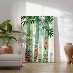 Japanese Bamboo Wall Art, Watercolor Floral Print, Zen Home Decor - thumbnail 3