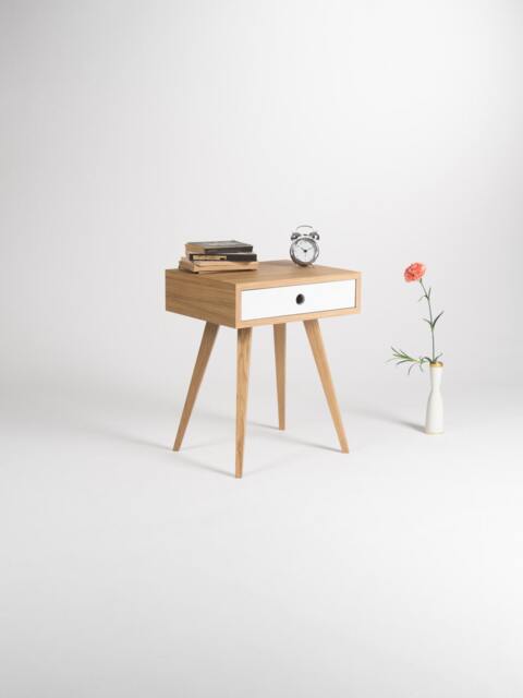 Mid-Century Modern Oak Nightstand - White Drawer Bedside Table - image 1