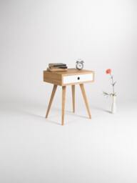 Mid-Century Modern Oak Nightstand - White Drawer Bedside Table - thumbnail 1