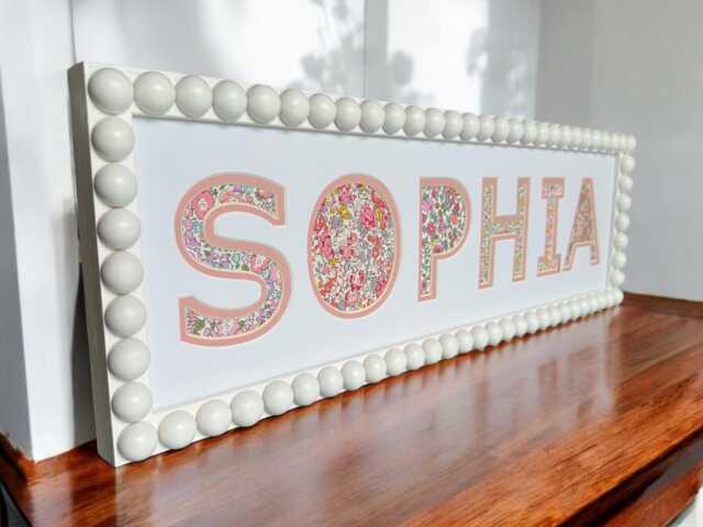 Personalised White Bobbin Name Frame With Pink Floral Liberty Fabric, New Baby Gift, Children's Christening & Christmas, Keepsake - image 1
