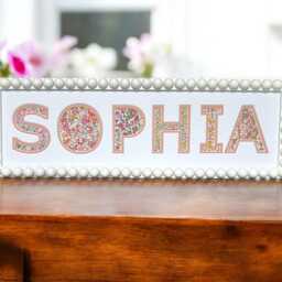 Personalised White Bobbin Name Frame With Pink Floral Liberty Fabric, New Baby Gift, Children's Christening & Christmas, Keepsake - thumbnail 3