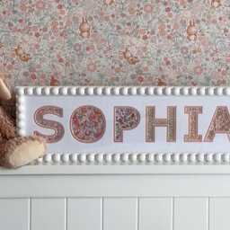 Personalised White Bobbin Name Frame With Pink Floral Liberty Fabric, New Baby Gift, Children's Christening & Christmas, Keepsake - thumbnail 2