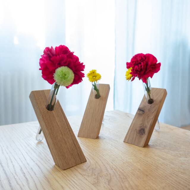 Set Of 3 Flower Saver Flower Vases Made Oak Wood & Test Tube - image 1