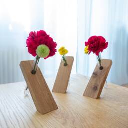 Set Of 3 Flower Saver Flower Vases Made Oak Wood & Test Tube - thumbnail 1