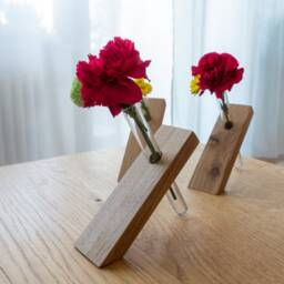 Set Of 3 Flower Saver Flower Vases Made Oak Wood & Test Tube - thumbnail 2