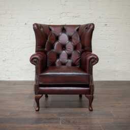 British Handmade Antique Oxblood Red Leather Patchwork High Round Back Wing Chair UK - Usa - thumbnail 3