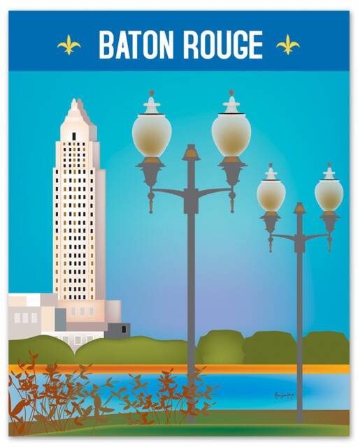 Baton Rouge Print, La Art, Map, The Louisiana State Capitol, Wall Decor, Vertical City Style E8-O-Bat - image 1