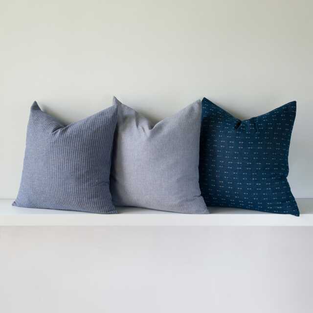 Blue Striped Throw Cushion Covers, Nautical Linen, Kapok Insert, Set Of 3 - image 1