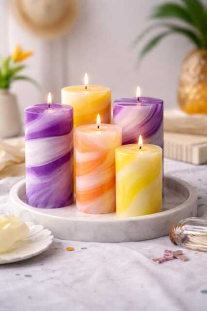 Handmade Swirl Pillar Candle - Purple, Yellow, Orange Marble - image 1