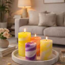 Handmade Swirl Pillar Candle - Purple, Yellow, Orange Marble - thumbnail 3