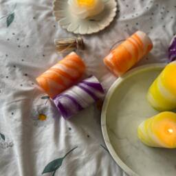 Handmade Swirl Pillar Candle - Purple, Yellow, Orange Marble - thumbnail 4
