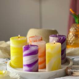 Handmade Swirl Pillar Candle - Purple, Yellow, Orange Marble - thumbnail 2