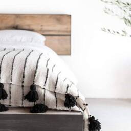 Handwoven Moroccan Cotton Pom Blanket, Berber Decor - thumbnail 2
