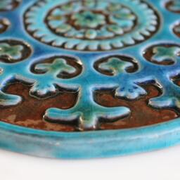 Circle Tile Wall Decor With Suzani Design, Art Collection For Exterior Decor, Tiles, Hanging, #1 21cm Turquoise - thumbnail 2