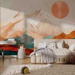 Abstract Mountains Wallpaper Orange Blue Boho Art Wall Mural For Modern Home Decor Large Print Customizable Murals - thumbnail 3