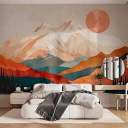 Abstract Mountains Wallpaper Orange Blue Boho Art Wall Mural For Modern Home Decor Large Print Customizable Murals