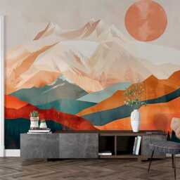 Abstract Mountains Wallpaper Orange Blue Boho Art Wall Mural For Modern Home Decor Large Print Customizable Murals - thumbnail 4