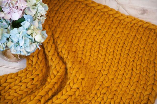 Cozy Hand Knit Throw, Chunky Wool Blanket, Hand Knitted, Gift For Her, Christmas Gift, Knit, Handmade Gold - image 1