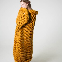 Cozy Hand Knit Throw, Chunky Wool Blanket, Hand Knitted, Gift For Her, Christmas Gift, Knit, Handmade Gold - thumbnail 2