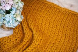 Hand Knit Chunky Merino Wool Blanket, Cozy Gold Throw