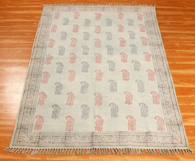 Blue & Red Cotton Area Rug, Block Print Kilim, Washable - image 1