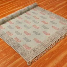 Blue & Red Cotton Area Rug, Block Print Kilim, Washable - thumbnail 3