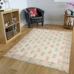 Blue & Red Cotton Area Rug, Block Print Kilim, Washable - thumbnail 2