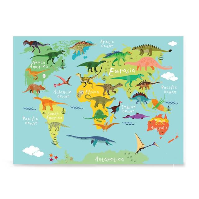 Kids Animals Funny World Map - Poster Printing Wall Art Prints Dinosaurs - image 1