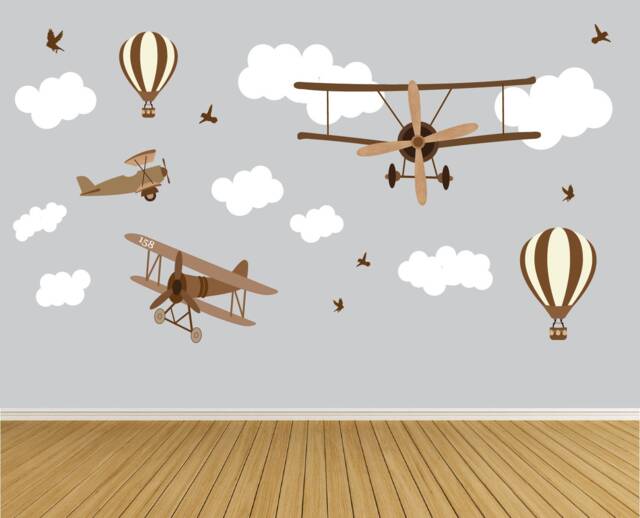 Airplane Wall Decals Nursery Decor, Hot Air Balloons , Cloud Decal , Boys Decor Peel & Stick - image 1