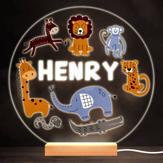 Safari Animals Colourful Round Personalised Gift Warm White Led Lamp Night Light - Bedroom - image 1