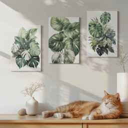 Set Of 3 Canvas Prints - Green Leaves Tropical Plants Watercolors, Wall Art, & Flowers Hanging Piece - thumbnail 2
