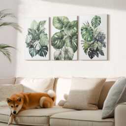Set Of 3 Canvas Prints - Green Leaves Tropical Plants Watercolors, Wall Art, & Flowers Hanging Piece - thumbnail 3