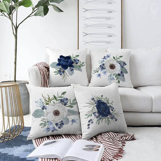 Floral Pillow Cover, Lotus & Anemone, Blue & White Chenille Cushion - image 1