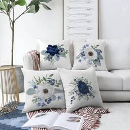 Floral Pillow Cover, Lotus & Anemone, Blue & White Chenille Cushion - thumbnail 1