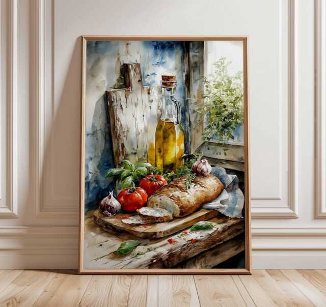 Rustic Kitchen Wall Art Print, Still Life Bread & Tomato Poster, Mediterranean Food Painting, Farmhouse Dining Room Decor - image 1