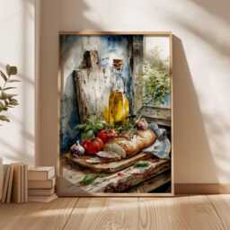 Rustic Kitchen Wall Art Print, Still Life Bread & Tomato Poster, Mediterranean Food Painting, Farmhouse Dining Room Decor - thumbnail 2