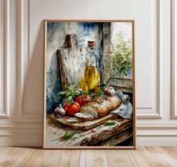 Rustic Kitchen Wall Art Print, Still Life Bread & Tomato Poster, Mediterranean Food Painting, Farmhouse Dining Room Decor - thumbnail 1