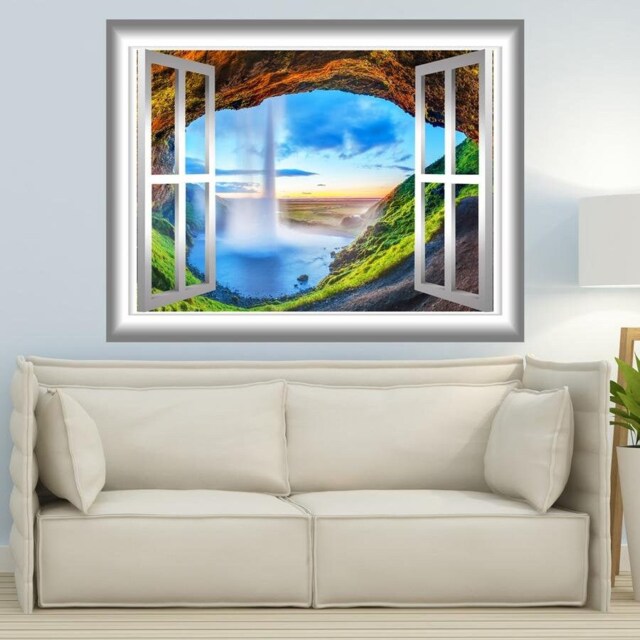 Majestic Waterfall Scene Window Frame Wall Mural Graphic Peel & Stick Sticker Landscape Decal Vwaq-Gj06