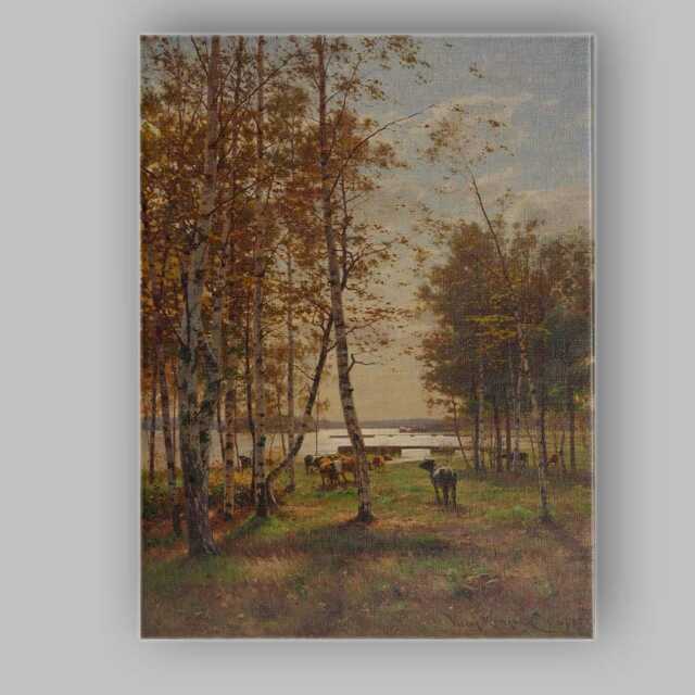Sunlit Birch Forest Cattle Grazing Lakeside Pastoral Landscape Canvas Wall Art Print Decor Picture Ready To Hang - image 1