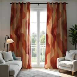 Abstract Flow Curtain, Warm Red & Beige Organic Shape Design Drapes, Fluid Geometric Window Treatment, Custom Size Available, Made To Order - thumbnail 1