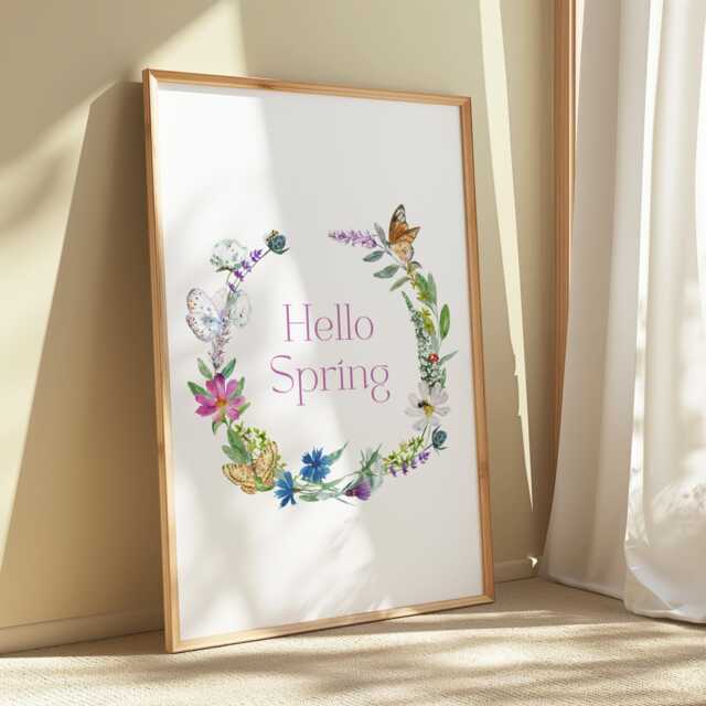 Watercolor Spring Wildflower Wreath Print, Butterfly Floral Wall Art - image 1