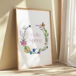 Watercolor Spring Wildflower Wreath Print, Butterfly Floral Wall Art - thumbnail 1