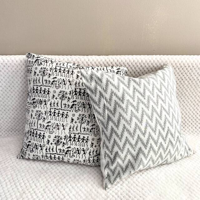 Cushion/Throw Pillow Covers, Block Print Cotton, Floral Motif, 16x16 Inches.black, White , Monochrome Pillow Case, Accent Cushion, Floor - image 1