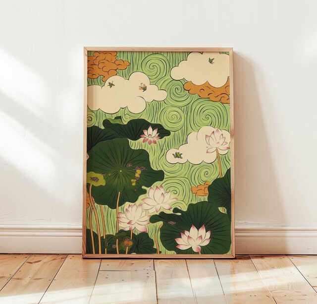 Lotus Garden Poster, Botanical Pond Print, Asian Wall Art - image 1
