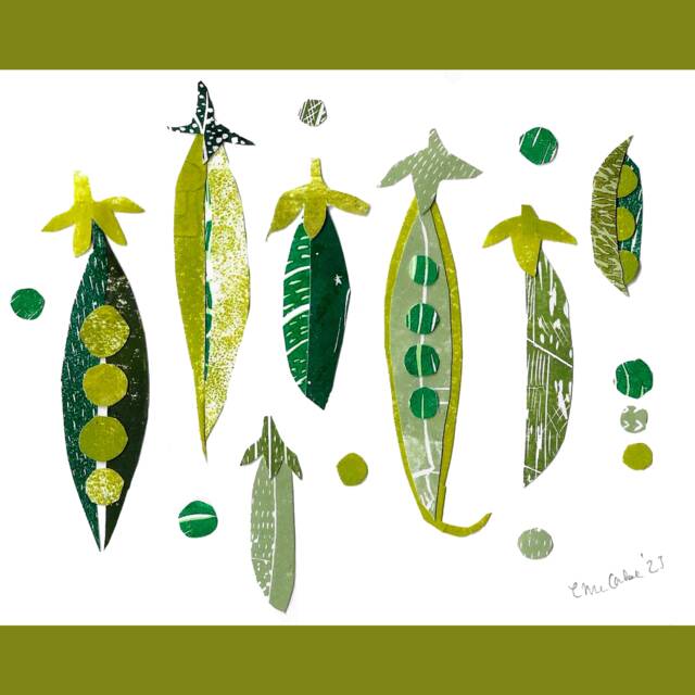Original Collage Peas Linocut Lino Print Vegetable Art Veggie in A Pod - image 1